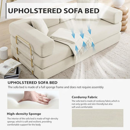 4-in-1 Folding Convertible Sofa Bed, 78 Inch Boneless Couch with Fixed-Shape Frame, Corduroy Loveseat Sleeper with Pull Out Bed, Floor Sofa Modular Futon Couch for Living Room Bedroom Lounge (Beige)