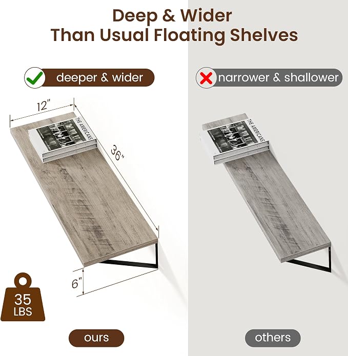 Axeman 12 Inch Deep Floating Shelves for Wall - 36 Inch Wide x 12 Inch Deep Wall Shelves Set of 2 - Rustic Grey Wood Floating Shelves for Living Room