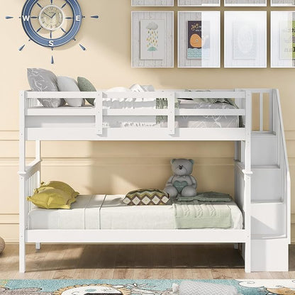 MERITLINE Twin Over Twin Bunk Bed with Storage Staircase, Solid Wood Stairway Convertible Bunk Bed with Stairs (Twin Over Twin,White)