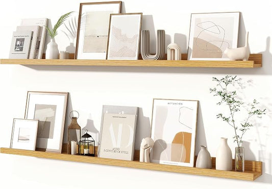 Fun Memories Picture Ledge Shelves Set of 2, 48 Inch Rustic Wall Mounted Floating Shelves with Lip for Home Storage and Décor in Bathroom, Kitchen, Nursery, Bedroom, Living Room, Oak