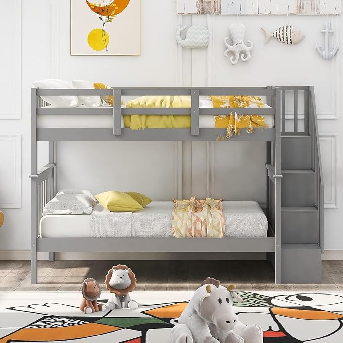 MERITLINE Twin Over Twin Bunk Bed with Storage Staircase, Solid Wood Stairway Convertible Bunk Bed with Stairs (Twin Over Twin,Grey)