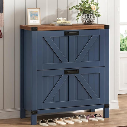 YOMILUVE Shoe Cabinet with 2 Flip Drawers, Farmhouse Shoe Storage Cabinet for Entryway, Slim Shoe Rack Freestanding Shoe Organizer with Barn Door, Blue