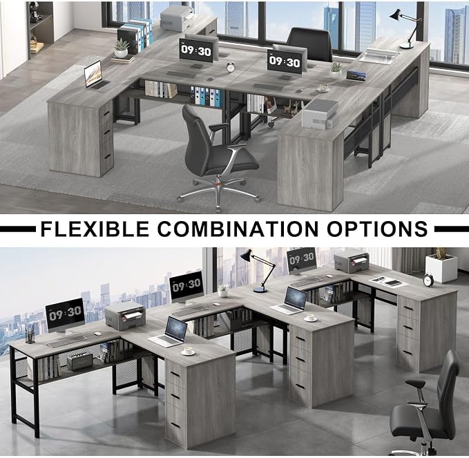 LVB Reversible L Shaped Desk with Drawers, Grey Computer Desk with Storage | 59" Adjustable Modern Executive Office Desks, Adjustable Corner Design for Gaming Spaces and Home Workstations