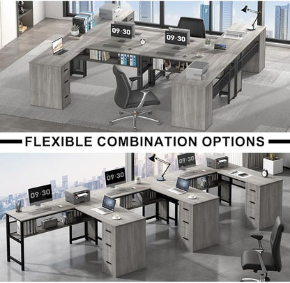 LVB Reversible L Shaped Desk with Drawers, Grey Computer Desk with Storage | 59" Adjustable Modern Executive Office Desks, Adjustable Corner Design for Gaming Spaces and Home Workstations