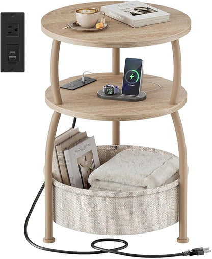 Round Side Table with Charging Station, USB Type C Port, Oak | End Table with Power Outlet,15.75 in Small Round Table with Basket, Space Saving, 3-Tier Small Table for Bedside, Sofa