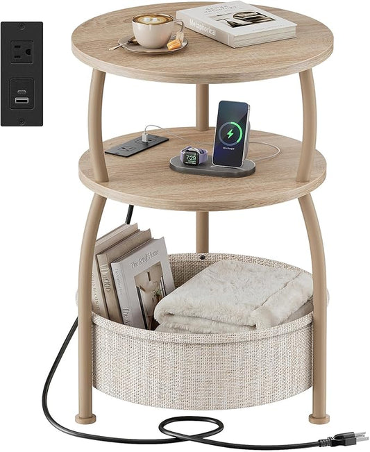Round Side Table with Charging Station, USB Type C Port, Oak | End Table with Power Outlet,15.75 in Small Round Table with Basket, Space Saving, 3-Tier Small Table for Bedside, Sofa