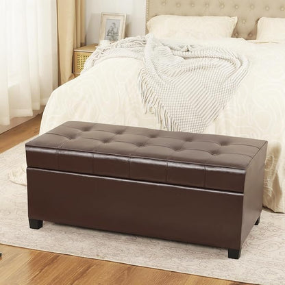 Asense 40" Storage Ottoman Bench, Faux Leather Tufted Upholstered End of Bed Bench with Safety Hinge for Bedroom,Entryway,Living Room,Dark Brown