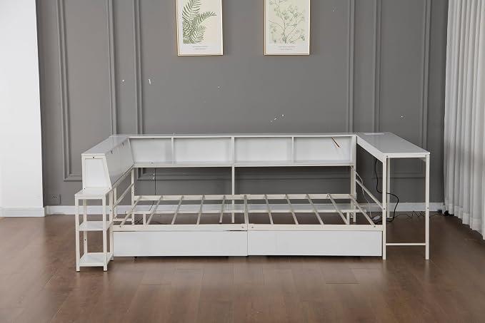 Bellemave Queen Corner Bed Frame with Desk and Storage, Queen Size Captains Bed with Charging Station and LED Light, Wood Daybeds with L-Shaped Bookcase and 2 Drawers, White