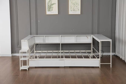 Bellemave Queen Corner Bed Frame with Desk and Storage, Queen Size Captains Bed with Charging Station and LED Light, Wood Daybeds with L-Shaped Bookcase and 2 Drawers, White