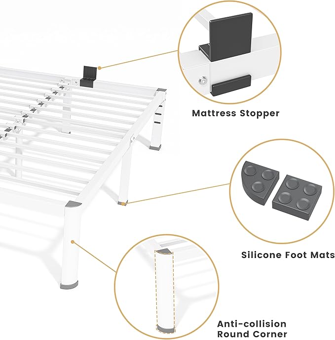 14 Inch Queen Bed Frame, Metal Platform Bed Frame with Round Corner Legs, 3500 lbs Heavy Duty Steel Slats Support, No Box Spring Needed, Noise Free, Easy Assembly, White