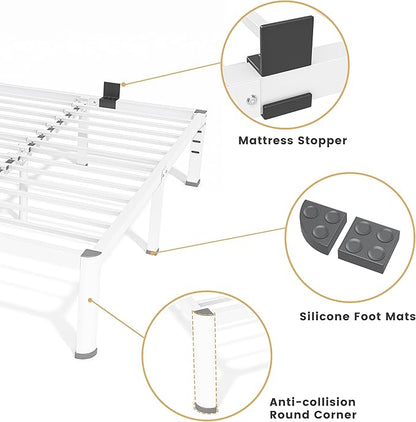 Superay 18 Inch Queen Size Metal Bed Frame with Round Corners, Storage Space Under High Bed Frame-Heavy Duty Steel Slats Support, Noise Free - Easy Assembly - No Box Spring Needed,White