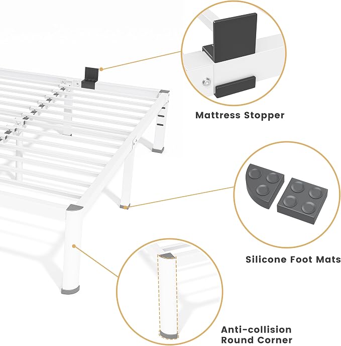 Superay 18 Inch Full Size Metal Bed Frame with Round Corners, Storage Space Under High Bed Frame-Heavy Duty Steel Slats Support, Noise Free - Easy Assembly - No Box Spring Needed,White