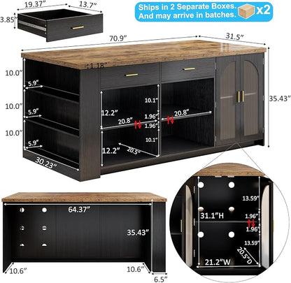 IBF 71" Large Kitchen Island with Storage, Rustic Wood Island Table with Seating for 4-6, Stationary Island Cabinet with Drawers, Fridge Space, Modern Counter Height Island Bar, Rustic Brown and Black