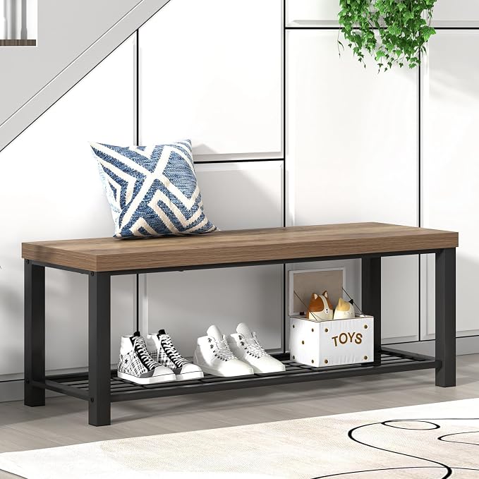 FOLUBAN Entryway Bench, Industrial Wood and Metal Storage Bench with Metal Shelf, Indoor Shoe Rack Bench Seat for Living Room, Bedroom, Hallway, Entrance, Rustic Oak, 47 Inch