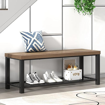 FOLUBAN Entryway Bench, Industrial Wood and Metal Storage Bench with Metal Shelf, Indoor Shoe Rack Bench Seat for Living Room, Bedroom, Hallway, Entrance, Rustic Oak, 47 Inch