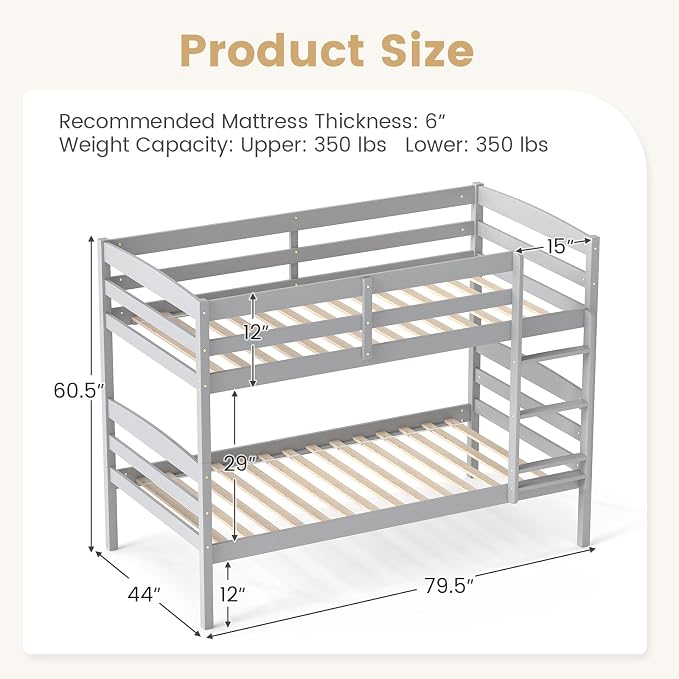 KOMFOTT Bunk Bed Twin Over Twin, Bed Frame w/Full-Length Guardrail & Integrated Ladder, Wood Bunk Bed for Small Space, Converts to 2 Individual Beds for Kids & Adults, No Box Spring Needed