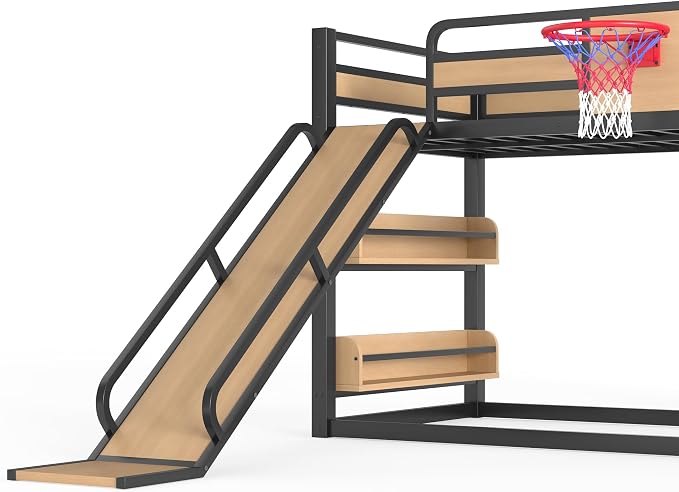 Bellemave Twin Size Bunk Bed with Basketball Hoop, Pull-up Rings and Climbing Wall, Twin Bunk Bed with Slide and Bookcase, Heavy Duty Bunk Beds with Guardrail, Natural