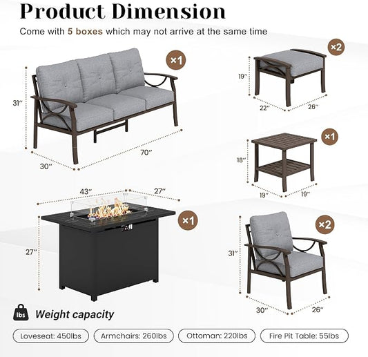 FansaFurn 7-Pieces Outdoor Patio Furniture Set with 43" Fire Pit Table, Outdoor Metal Sectional Sofa with Cushions, Outdoor Conversation Set for Garden, Balcony, Deck, Backyard, Grey