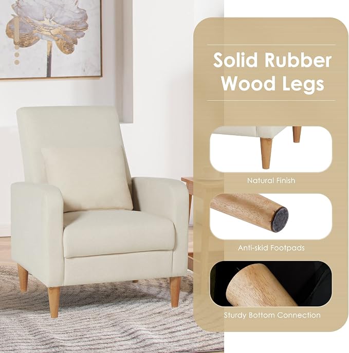 COLAMY Mid-Century Modern Accent Chairs Set of 2, Fabric Upholstered Living Room Chairs with Back Pillow & Solid Wood Legs, Comfy Armchair for Living Room, Bedroom, Single Sofa, Beige