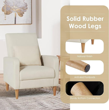 COLAMY Mid-Century Modern Accent Chairs Set of 2, Fabric Upholstered Living Room Chairs with Back Pillow & Solid Wood Legs, Comfy Armchair for Living Room, Bedroom, Single Sofa, Beige