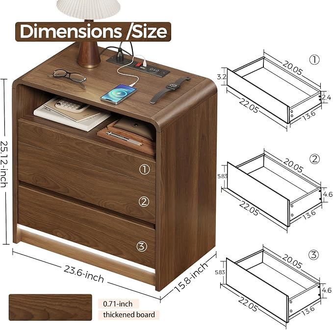 Messenya Mid Century Modern Nightstand with Drawer Organizer for Bedroom | Top Soft Close Drawer of 23.6'' Bedside Table with 6 Compartments, Motion Sensor LED Light, Charging Station, Walnut Finish