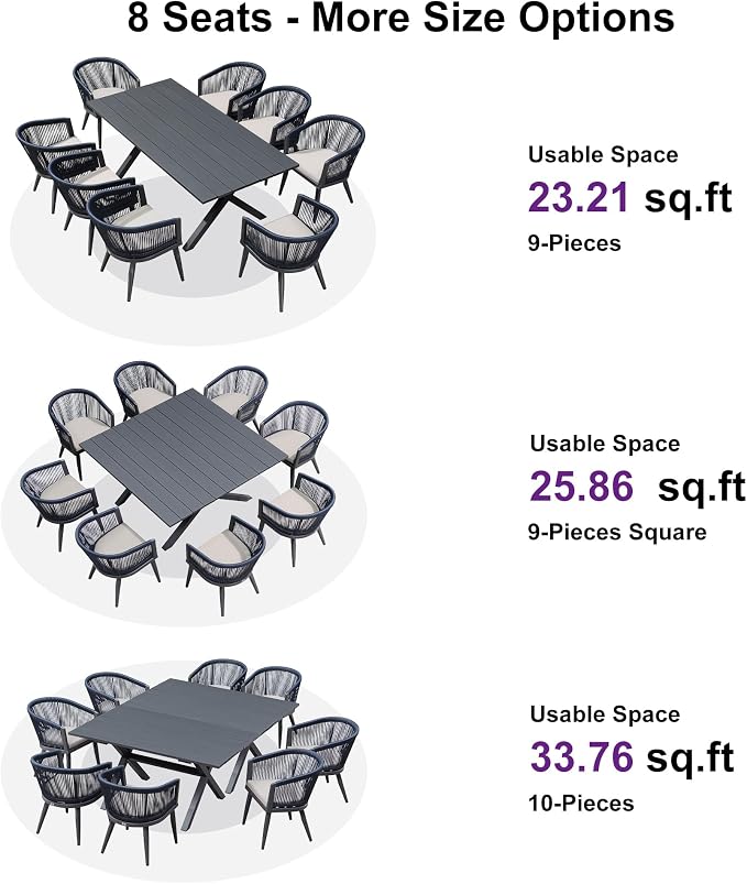 PURPLE LEAF Outdoor Dining Set for 8 All-Weather 9 Piece Patio Aluminium Dining Large Square Table and Rope Weave Chairs Included Cushions for Backyard Decor Kitchen Patio Furniture Set Grey and Navy