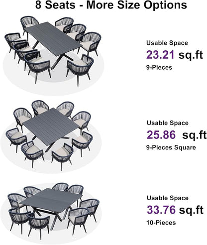 PURPLE LEAF Outdoor Dining Set for 8 All-Weather 9 Piece Patio Aluminium Dining Large Square Table and Rope Weave Chairs Included Cushions for Backyard Decor Kitchen Patio Furniture Set Grey and Navy