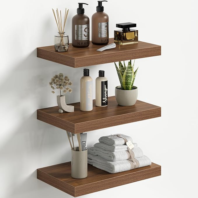 Fun Memories Floating Shelves for Wall 16 Inch Set of 3, Farmhouse Floating Shelves with Invisible Heavy Duty Bracket, 10 Inch Deep Bathroom Shelves for Storage, Living Room, Kitchen, Decor, Walnut