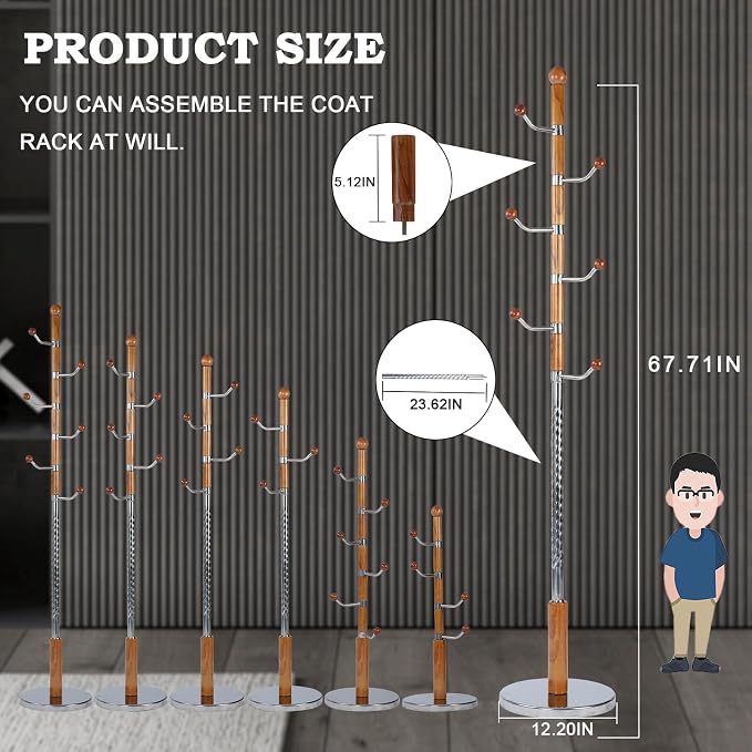 Coat Racks FreeStanding with 11 Hooks, Natural Wood Coat Rack with Solid Round Base, Adjustable Height Coat Racks, Easy Assembly for Hallway, Bedroom and Office (Solid Wood Metal Hook)