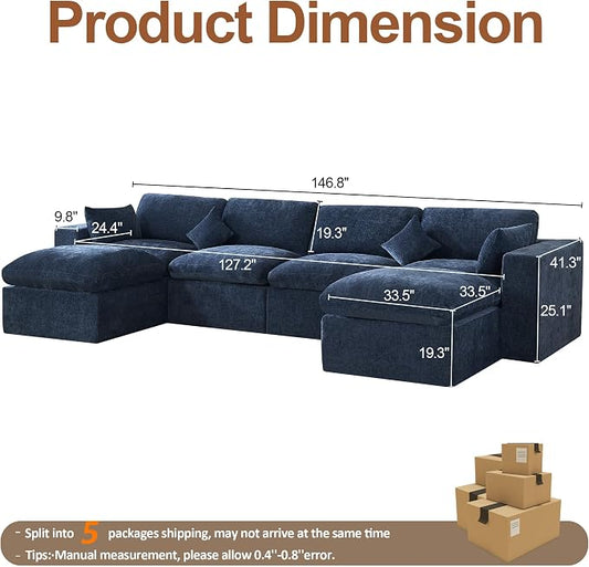 146''Cloud Boneless Sectional Couch, Modular Sectional Sofa Deep Seat with 2 Ottomans, Oversized Upholstered Convertible Comfy 6 Seater Chenille Sofa U Shape Couches for Living Room, Navy