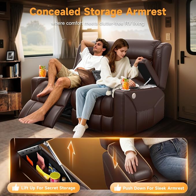 Loveseat Recliner Sofa, Wall Hugger RV Reclining Loveseat RV Couch with USB Ports, Large Pockets, Cup Holders, 150° Adjustable RV Recliners Furniture for Travel Trailers & Home Theater Seating