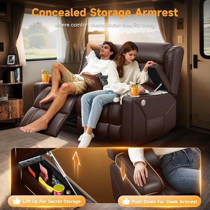 Loveseat Recliner Sofa, Wall Hugger RV Reclining Loveseat RV Couch with USB Ports, Large Pockets, Cup Holders, 150° Adjustable RV Recliners Furniture for Travel Trailers & Home Theater Seating