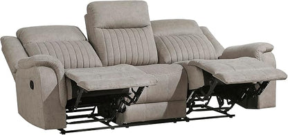 Lexicon Manual Double Reclining Sofa, Polished Microfiber Upholstered 3 Seater Manual Sofa Recliner for Living Room, Wall Hugger, Easy Assembly, Dove