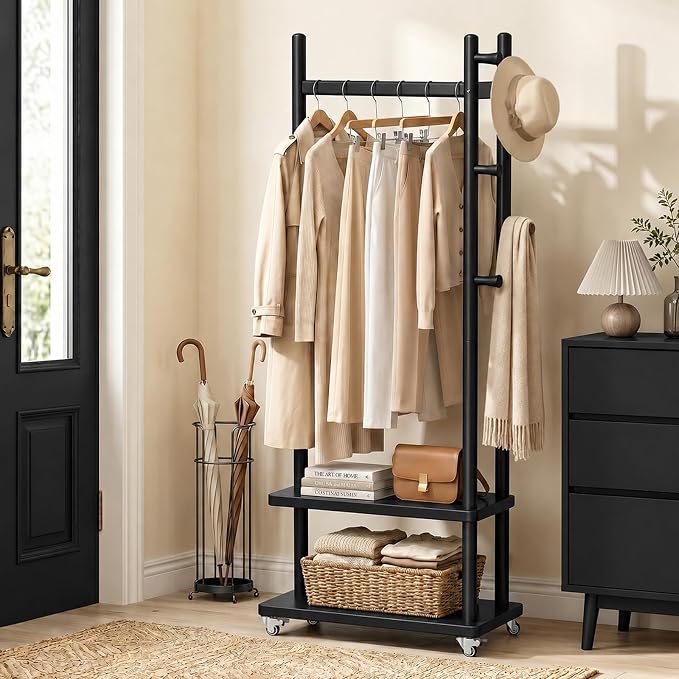 Taitiy Solid Wood Coat Rack Freestanding, Coat Rack Stand with 2 Shelves & 4 Hooks, Coat Tree for Entryway, Hallway, Bedroom, Living Room, Office - Clothing Rack for Coats, Hats, Bags (Black-S-Wheel)