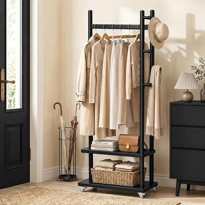Taitiy Solid Wood Coat Rack Freestanding, Coat Rack Stand with 2 Shelves & 4 Hooks, Coat Tree for Entryway, Hallway, Bedroom, Living Room, Office - Clothing Rack for Coats, Hats, Bags (Black-S-Wheel)