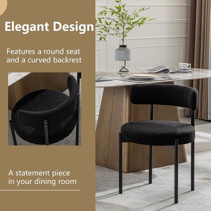 Boucle Dining Chairs Set of 6, Black Dining Chairs with Upholstered Seat and Round Back, Mid-Century Modern Kitchen Chairs for Dining Room, Restaurant