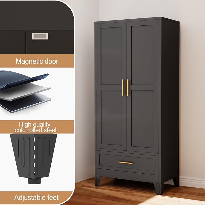PAOFIN 71" Metal Armoire Wardrobe Closet Storage Cabinet with Hanging Rod,Metal Clothing Cabinet with 1 Drawer and Adjustable Shelf for Bedroom, Laundry Room(Black)