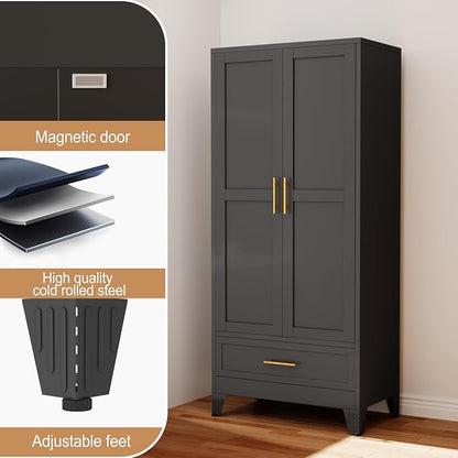 PAOFIN 71" Metal Armoire Wardrobe Closet Storage Cabinet with Hanging Rod,Metal Clothing Cabinet with 1 Drawer and Adjustable Shelf for Bedroom, Laundry Room(Black)