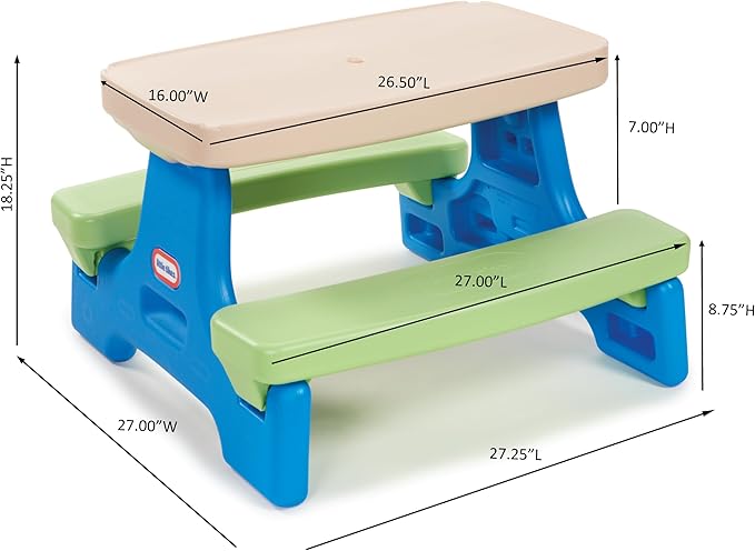 Little Tikes Easy Store Jr. Picnic Table with Umbrella - Blue / Green, 27.25''L x 27.00''W x 18.25''H