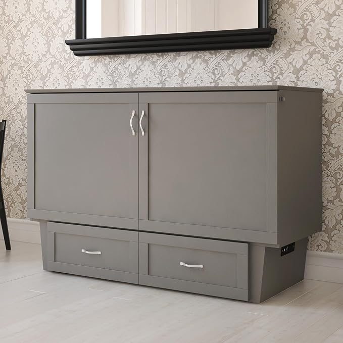AFI, Monroe Queen Murphy Bed Chest with 6" Mattress, Storage Drawer & Built-in USB Charger, Grey