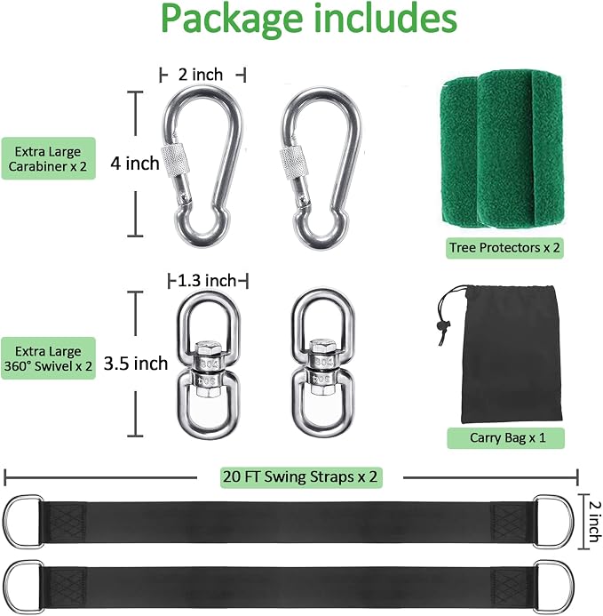 Tree Swing Straps Hanging Kit (Set of 2), 3FT/8FT/10FT/20FT/30FT Tree Swing Straps Holds 5000 lbs with Tree Protector, Heavy Duty Carabiner and Swivel Perfect for Swings & Hammocks(20 FT)