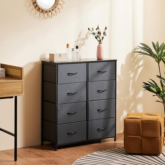 Sweetcrispy Dresser for Bedroom, Fabric Dresser with 8 Drawers, Ash | Chest of Drawers for Closet, Living Room, Sturdy Steel Frame, Wooden Top, Easy Pull Handle