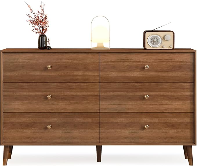 Messenya 6 Drawer Dresser for Bedroom, 47 Inch Walnut Dresser for Closet, Mid Century Wood Chest of Drawers with Natural Texture & Pre-Embedded Slots for TV Stand, Living Room, Hallway, Office
