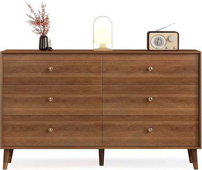 Messenya 6 Drawer Dresser for Bedroom, 47 Inch Walnut Dresser for Closet, Mid Century Wood Chest of Drawers with Natural Texture & Pre-Embedded Slots for TV Stand, Living Room, Hallway, Office