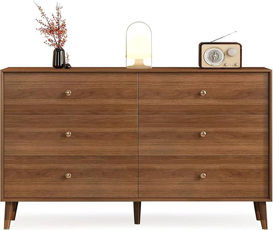 Messenya 6 Drawer Dresser for Bedroom, 47 Inch Walnut Dresser for Closet, Mid Century Wood Chest of Drawers with Natural Texture & Pre-Embedded Slots for TV Stand, Living Room, Hallway, Office