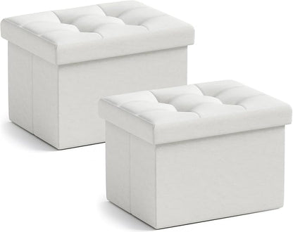 Ornavo Home Small Storage Ottoman, Set of 2, Foldable Collapsible Rectangle Linen Ottoman Foot Rest Stool Seat, for Living Room, Bedroom, Home Office, Dorm - 12 x 16 x 12, White