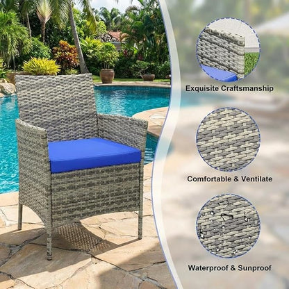 3 Piece Outdoor Patio Furniture Set, All-Weather PE Rattan Wicker Chairs with Waterproof Cushions & Tempered Glass Side Table, Modern Conversation Set for Garden, Backyard, Porch, Poolside, Gray/Blue