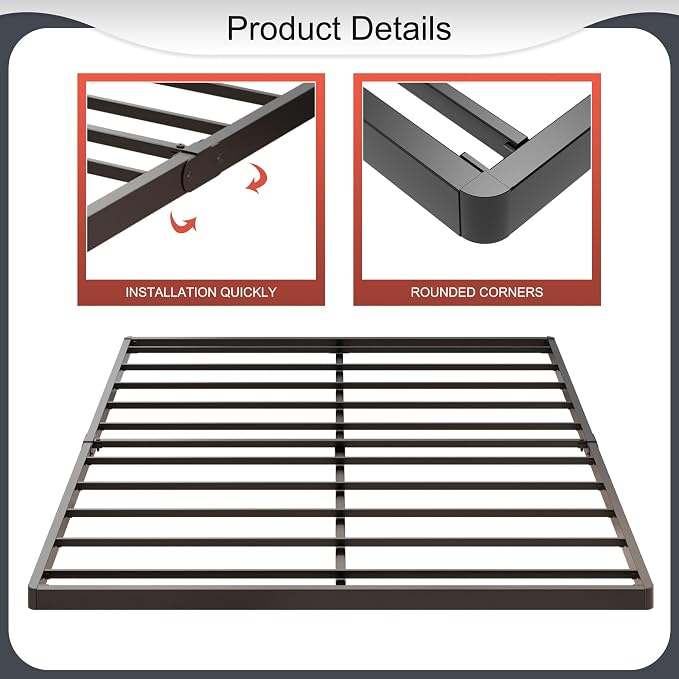 Yicensen 1.6 Inch King Box Spring Low Profile Heavy Duty Metal King Size Box Spring Bed Base Bunkie Board, Sturdy Mattress Foundation, Easy Assembly, Noise Free, Black