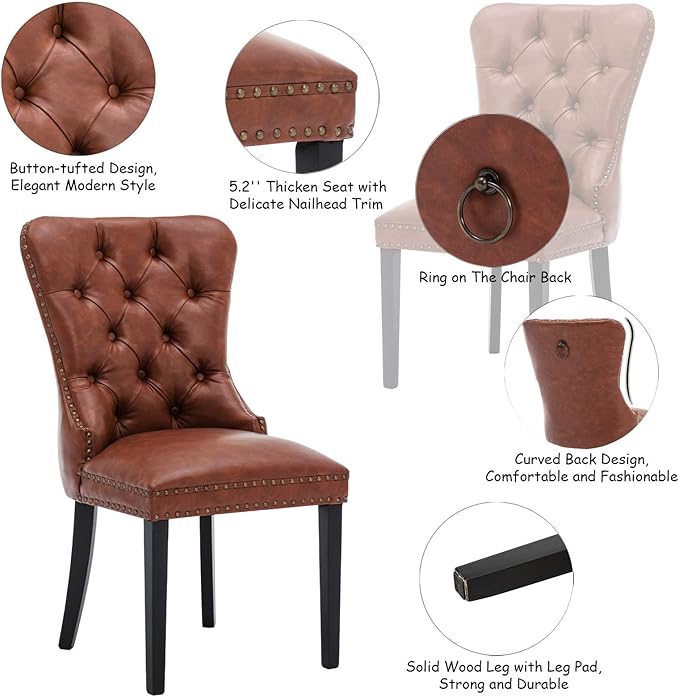 CIMOTA Brown Leather Dining Chairs Set of 4 Mid Century Modern Dining Room Chairs Tufted Upholstered Kitchen Dining Chairs Comfortable Side Chairs with Nailhead Trim/Ring Back (PU /4PCS)