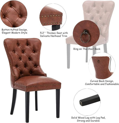 CIMOTA Brown Leather Dining Chairs Set of 2 Mid Century Modern Dining Room Chairs Tufted Upholstered Kitchen Dining Chairs Comfortable Side Chairs with Nailhead Trim/Ring Back (PU /2PCS)